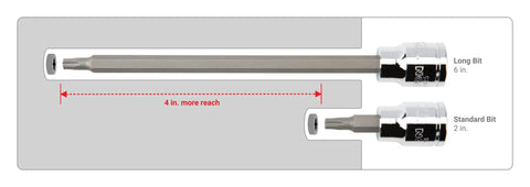 Comparison of long and standard bit lengths in 3/8 Inch Drive Long Torx Bit Socket Set 12-Piece T10 To T60 With S2 Steel Bits And Carrying Case