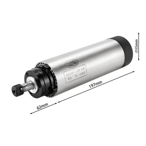 Air Cooled 1.5KW CNC Spindle Motor with dimensions, 65mm mount, silver