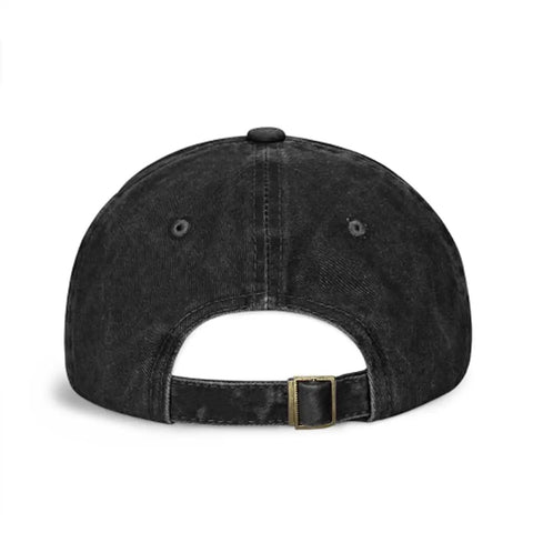 Back view of Funny RV Caravan Lover Travel Baseball Cap Adjustable Trucker Style Sun Hat with adjustable strap, black color.