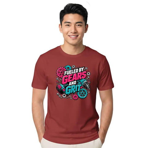 Cool Mechanical Engineer T Shirt With Neon Industrial Gear Art For Workshop Gurus And Garage Tinkerers Who Love Bold Tee Designs and Maker Energy, unisex, cotton, maroon with graphic
