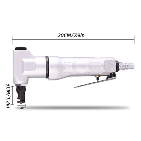 Side view of Beefy Pneumatic Sheet Metal Cutter Handheld Air Nibbler with 7.9in length and alloy case, ideal for automotive ductwork.