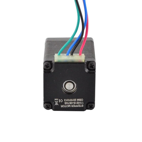 Front view of a black Nema 11 bipolar stepper motor with four colored leads and metal shaft.