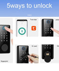 No Fuss Keyless Entry Smart Door Lock With Quick Tap Fingerprint And Password Access Rock Solid Aluminum Alloy showing 5 unlocking methods.