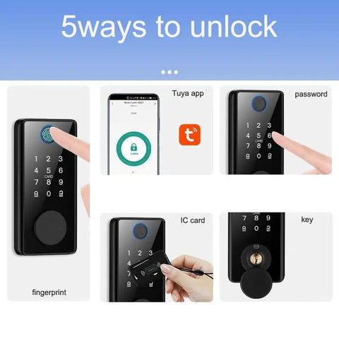 No Fuss Keyless Entry Smart Door Lock With Quick Tap Fingerprint And Password Access Rock Solid Aluminum Alloy showing 5 unlocking methods.