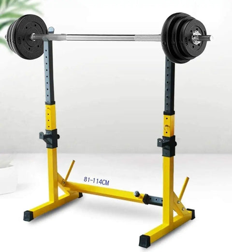 Adjustable Squat Rack And Bench Press Station With Pull Up Bar Heavy Duty Home Gym Fitness Equipment, yellow frame with barbell