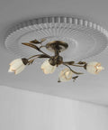 Farmhouse Wrought Iron 4 Light Chandelier In Bronze Finish, rustic flower style, frosted glass shades, flush mount on ceiling.