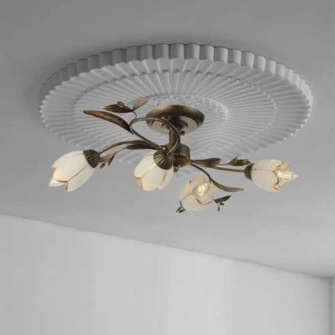 Farmhouse Wrought Iron 4 Light Chandelier In Bronze Finish, rustic flower style, frosted glass shades, flush mount on ceiling.