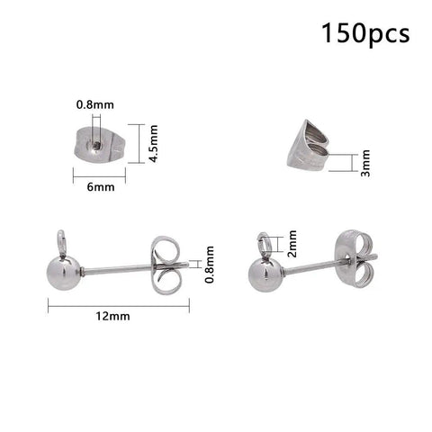 150 Pcs Ball Post Earring Kit With 75 Pairs Of 304 Stainless Steel Findings Including Loops And Ear Nuts 0.8mm Pin For DIY Earring Making No Tarnish Hypoallergenic Easy To Use, 12mm set