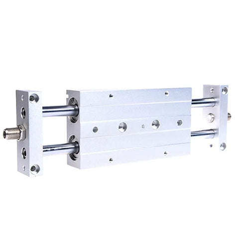 Straight Up Double Acting Pneumatic Cylinder With Dual Piston Rods And Slide Tab Mount For Precision Air Actuation In Bore Sizes From 10 To 25 Millimeters And Stroke Lengths Ranging Up To 125 Millimeters For Drop Dead Reliability On Any Job Site side view of dual piston rod cylinder, aluminum body with slide tab mount, designed for precise air actuation.
