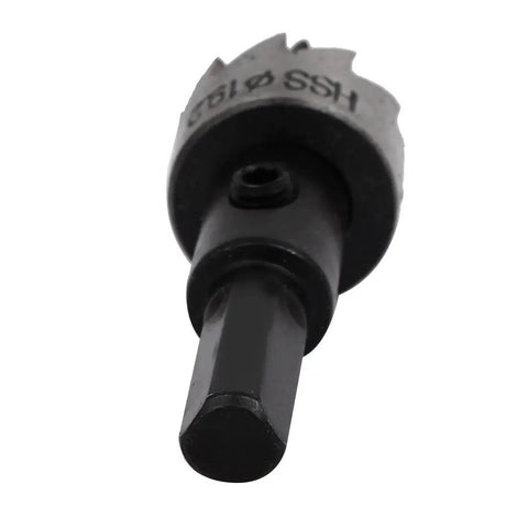 Close-up of 19.2mm Hole Saw Set 69mm Long With HSS Cutter Spring Loaded Design Includes Hex Wrench And Case 5mm Shank Drill Bit