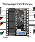Diagram showing wiring application with Professional PLC Developer Starter Kit With Ladder Logic Controller, 12 inputs, 8 outputs.