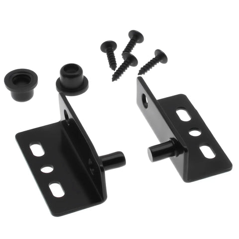 Heavy Duty Cabinet Pivot Hinges Concealed Hidden Door Hardware Smooth Swing Wooden Furniture Mount Built Tough Industrial Grade No Sweat Setup Straight Shot Install Kit With Screws And Caps, includes black steel hinges and screws.