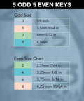 Size chart for 2 Pack 4-In-1 Brass Clock Winding Keys For Odd And Even Numbers Universal 4 Prong Set