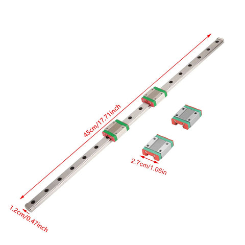 MGN12 Miniature Linear Rail Guide Set 450mm Long By 12mm Wide With Two MGN12B Slide Blocks, highlighting dimensions and design.