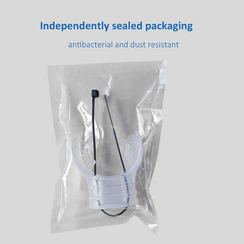 Six Pack Silicone Diving Mouthpieces In Clear With Tie Strap And Universal Caliber Fit For Most Breathing Tubes in packaging