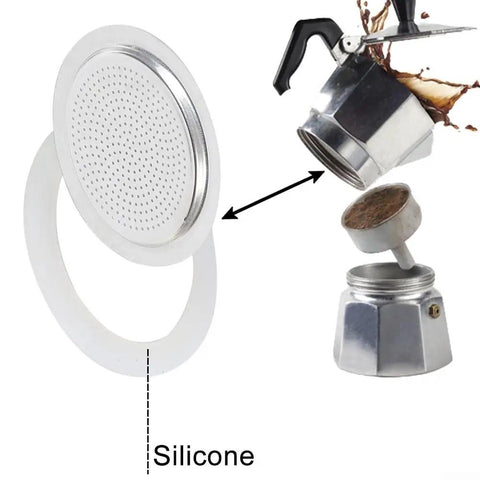 Long Lasting Silicone Gasket Seal for Espresso Moka Pot Replacement, sieve, and assembly shown with coffee maker parts.