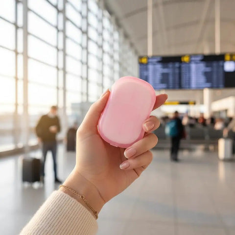 Hand holding Grab and Go Disposable Soap Sheets Set in airport, 5 Boxes of Fragrant Paper Soap for Quick Hand and Foot Cleanups.