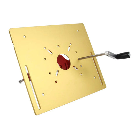 Gonna Nail Every Joint This Hella Stable Manual Router Lift Table Kit With Heavy Duty Aluminum Base Plate, gold plate with adjustable handle.