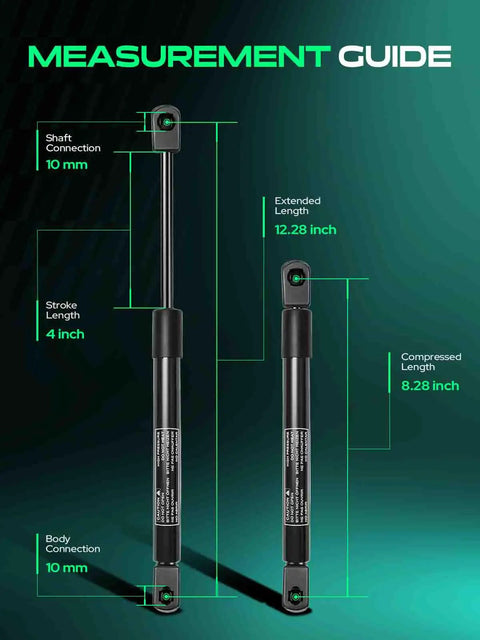 Measurement Guide for Rear Trunk Gas Struts Replacement For Chevy Impala 2009 To 2013 And 2014 To 2016 Impala Limited Sedan Set Of 2 Lift Supports Easy Install Replace 25964299, showing shaft and body connection sizes.