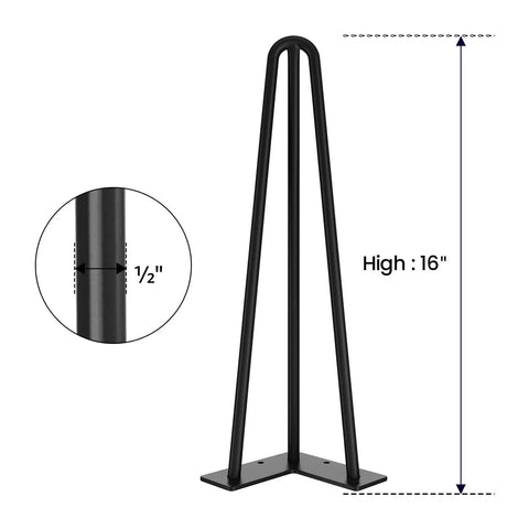 Hairpin Table Legs 16 Inch Half Inch Diameter Three Rods Black Steel Heavy Duty Modern DIY Nightstand Coffee Table Dresser