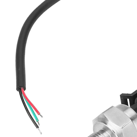 Close-up of stainless steel Water Pressure Transmitter Sensor 0-80 PSI with G1/4 inch thread and exposed wires for water, gas, oil.