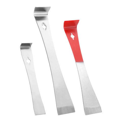 Must Have 3 Piece Pry Bar Set Stainless Steel Beehive Tool, showing three sizes with red and silver stainless flat pry bars.