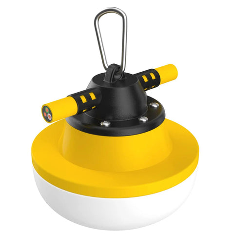 Heavy Duty Construction String Lights 100ft LED Work Light String With 10 Bulbs 100W Equivalent 14000 Lumens 5000K Ultra Bright Temporary Lighting For Job Sites Renovations And Outdoor Projects - Close-up of a single bulb with yellow casing and metal hook attachment.