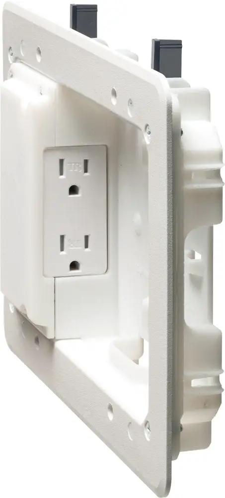 Low Profile In-Wall TV Box For Shallow Walls 8x5 Inch Recessed Wall Box For Flat Screen TVs Fits One Half Or Five Eighth Inch Drywall 1.25 Inch Depth Includes UL Listed Decorator Style Receptacle For A No-Brainer Retrofit Install showing side view of white receptacle and frame
