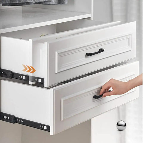 Soft Close Cabinet Drawer Slides With 3 Fold Full Extension, Side Mount Track Glides, shown on white cabinet, hand pulling drawer open