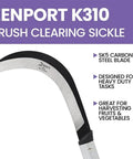 K310 Brush Clearing Sickle with 9 Inch SK5 Japanese High Carbon Steel Blade for yard work and gardening, shown from side angle.