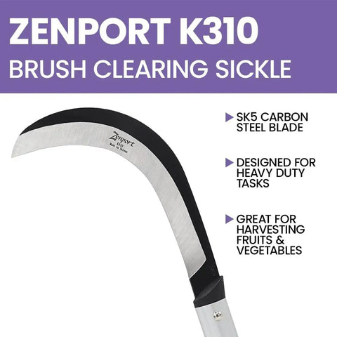 K310 Brush Clearing Sickle with 9 Inch SK5 Japanese High Carbon Steel Blade for yard work and gardening, shown from side angle.