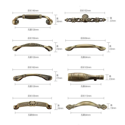 Image showing various 5-inch zinc alloy cabinet handles in antique bronze finish, labeled with sizes and measurements.