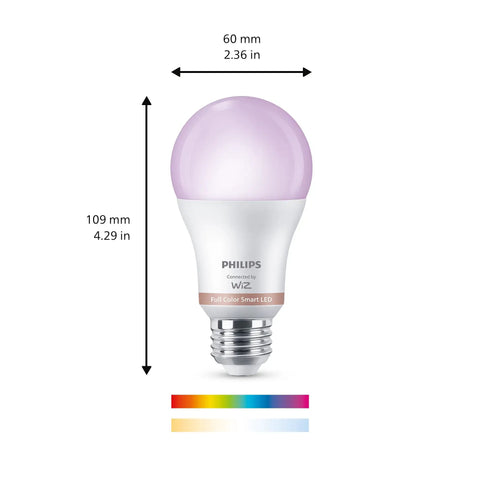 Smart Color Changing A19 LED Bulbs 4-Pack With Motion Sensing, 60W Equiv 800 Lumens, E26 Indoor WiFi Lights You Can Control By Voice Or App, 16 Million Colors To Dial In Any Vibe And Ambience. 109 mm A19 bulb with E26 base