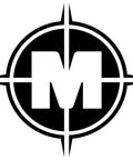 Black and white logo featuring a compass design with a central letter M.