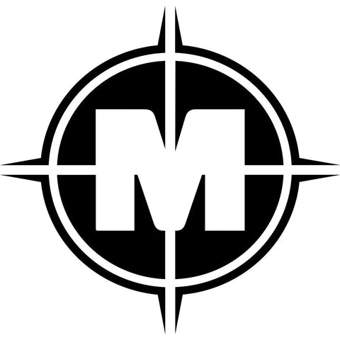 Stylized "M" logo design with compass rose elements.