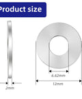 M6 Stainless Steel Flat Washers Set 50 Pieces For Industrial Automotive And Home Use Durable 304 Grade Stainless Steel With Rust Proof Corrosion Resistant Flat Bearing Surface Perfect For Quick Fixes And Everyday Fastening Etauwe, showing side and front view with dimensions 12mm OD, 6.62mm ID, 2mm thick