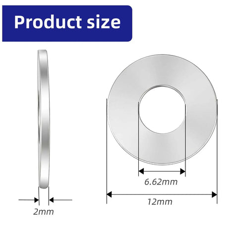 M6 Stainless Steel Flat Washers Set 50 Pieces For Industrial Automotive And Home Use Durable 304 Grade Stainless Steel With Rust Proof Corrosion Resistant Flat Bearing Surface Perfect For Quick Fixes And Everyday Fastening Etauwe, showing side and front view with dimensions 12mm OD, 6.62mm ID, 2mm thick