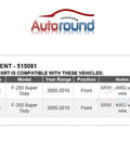 Compatibility chart for Ford F Series Front 4WD Wheel Hub Bearing Assembly 8 Lug With ABS For F250 F350 Super Duty 2005 2010