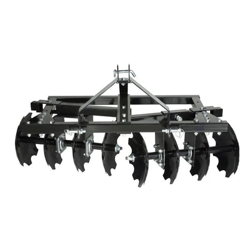 Front view of Cat 0 Disc Plow Harrow for Compact Tractors 54 inch wide with 8 hardened steel disc blades.