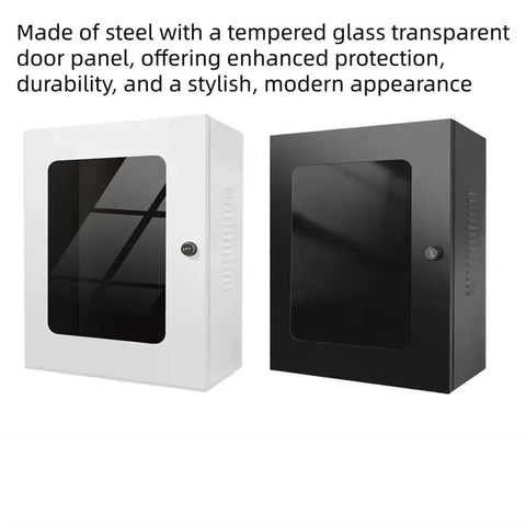Heavy Duty Ev Station Enclosure With Tempered Glass Front Panel Solid Steel Wall Mount Weatherproof Case in white and black.