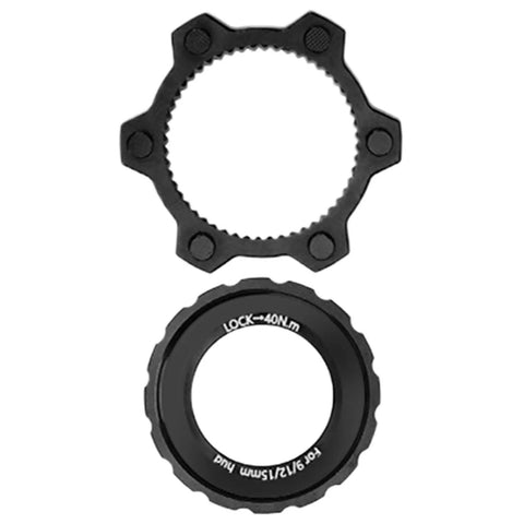 Center Lock Adapter For Bikes Lightweight Aluminum Disc Brake Rotor Upgrade, black centerlock to 6 bolt adapter shown flat.