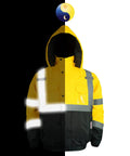 High Visibility Reflective ANSI Class 3 Bomber Jacket for Men Waterproof Safety Workwear Yellow Large shown in day and night settings