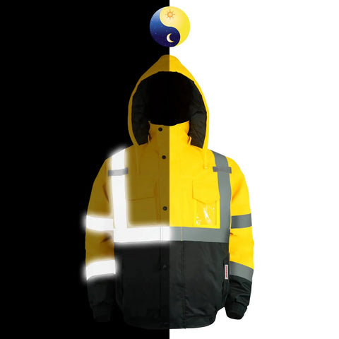 High Visibility Reflective ANSI Class 3 Bomber Jacket for Men Waterproof Safety Workwear Yellow Large shown in day and night settings
