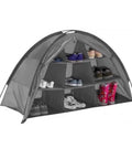 Collapsible Camping Storage Organizer With Nine Shelves, Heavy Duty Oxford Cloth Gear Rack with shoes and boots, portable gray setup