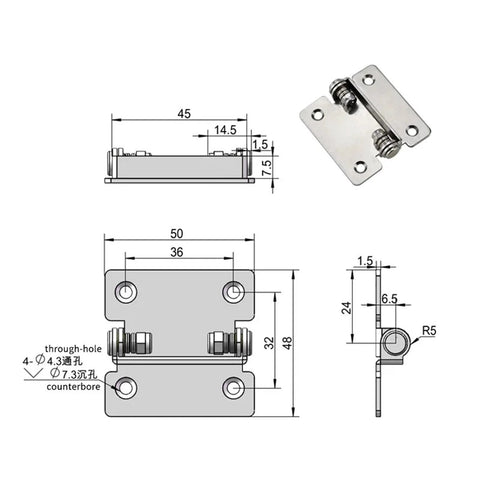 304 stainless steel hinge with adjustable damping torque, 180° fold, free-stop; 1 piece.