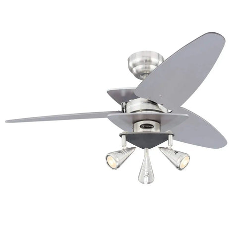 Vector Elite 42 Inch Three Blade Ceiling Fan With LED Light Kit in brushed nickel finish, featuring reversible graphite and silver blades.