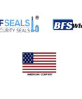 BF Seals logo with globe, BFS Wholesale logo, and American flag, representing security seals by an American company.