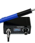 Get This Bad Boy T12 Soldering Station With Bright OLED Screen And Fast Heating on workbench with blue P9 handle and OLED display.