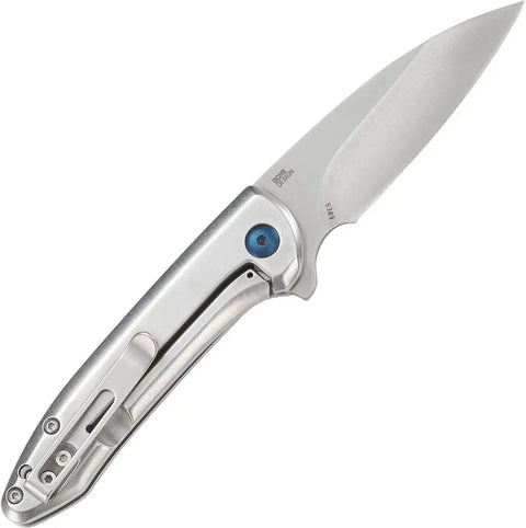 Heavy Duty Assisted Folding Knife With Slick Flipper, Smooth Ikbs Pivot, Razor Sharp High Carbon Steel Blade, Tight Frame Lock, Rugged Grey Handle, Tough As Nails EDC Everyday Carry Gear, side view with silver finish and blue detail.