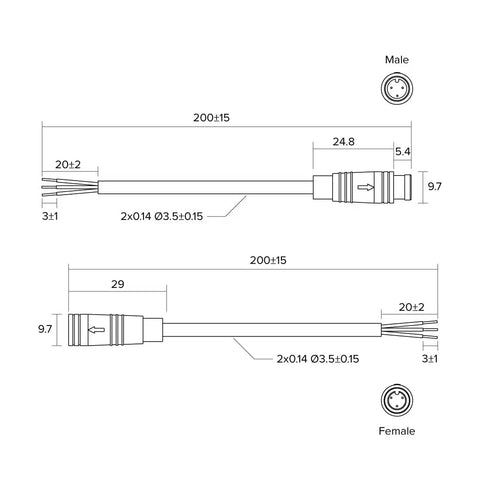 Technical diagram of IP65 3 Pin M8 Mini Electrical Connector Set with 26AWG Wire, 7.8 Inch Extension Cables, male and female ends.